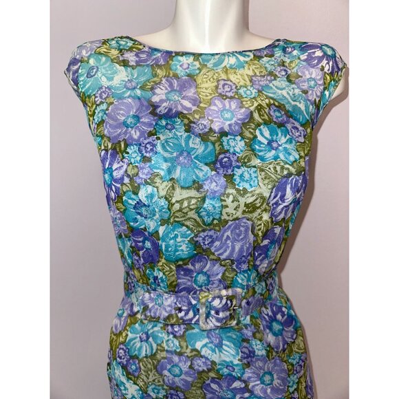 Vtg 60s R&K Blue Purple Floral Chiffon Overlay Sheath Dress Belted Size Small - Picture 8 of 8